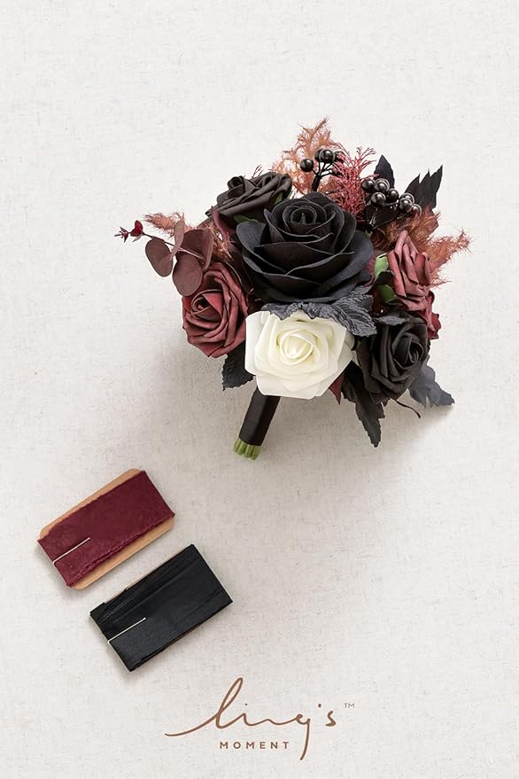 Ling's moment Artificial Flowers Gothic Bridesmaid Bouquet, Burgundy and Black Wedding Flowers Bouquets for Bridesmaids, 7 Inch Bridal Bouquets for Bridesmaids, Wedding, Ceremony, Anniversary, etc