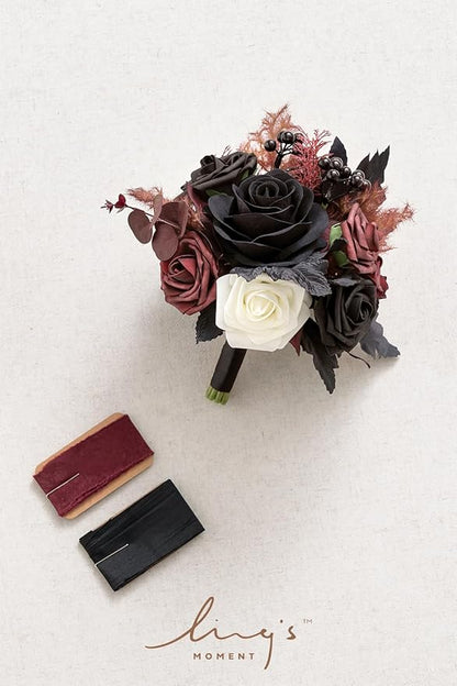 Ling's moment Artificial Flowers Gothic Bridesmaid Bouquet, Burgundy and Black Wedding Flowers Bouquets for Bridesmaids, 7 Inch Bridal Bouquets for Bridesmaids, Wedding, Ceremony, Anniversary, etc
