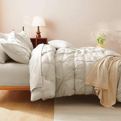 CozyLux California King Comforter Set Oatmeal - 7 Pieces Cal King Pintuck Bed in A Bag Gift for Family, Pinch Pleat Bedding Sets with All Season Comforter, Sheets, Pillowcases & Shams