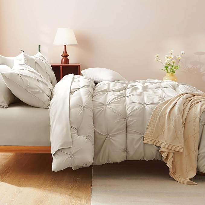 CozyLux Full Size Comforter Sets Oatmeal, 7 Pieces Pintuck Bed in A Bag Oatmeal Comforter Full Size, Pinch Pleat Bedding Sets with All Season Comforter, Sheets, Pillowcases & Shams