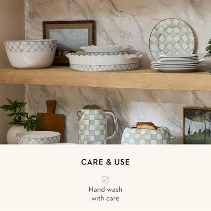 MACKENZIE-CHILDS Everyday Oval Casserole Baker, Cute Oven Baker, Large, Gray-and-White Sterling Check