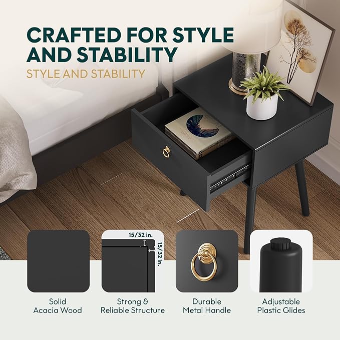 Bme Alden Wood Bedside Table Solid Wood End Table Mid Century Modern Nightstand, Side Table with 1 Drawer, Black