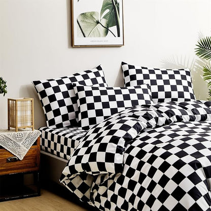 CLOTHKNOW Black White Plaid King Size Comforter Set 3Pcs Grid Bedding Comforter Sets Soft Checkered Comforter Black White Comforter with 2 x Pillow Cases