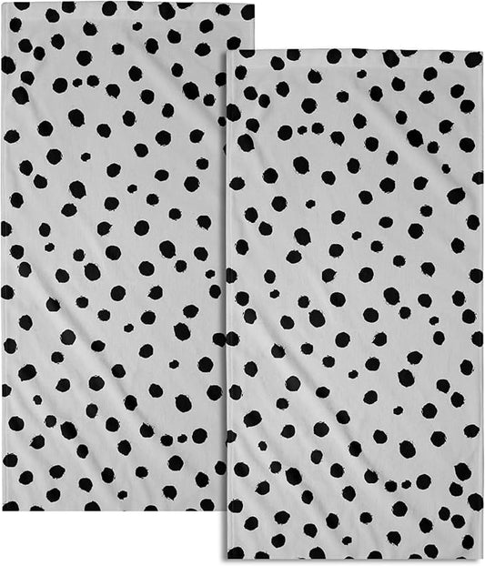 Decorative Hand Towels Set of 2 Black Polka Dot White Guest Towels Boho Modern Absorbent Kitchen 28x14