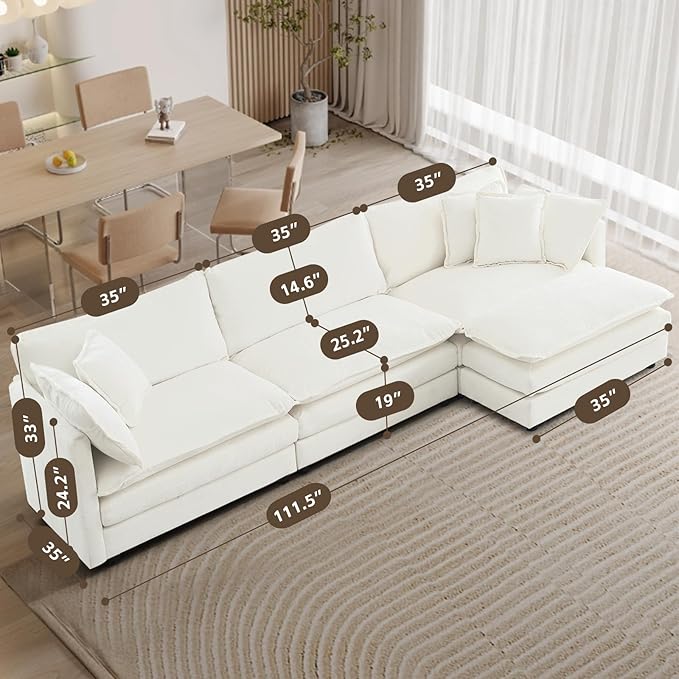 SoarFlash Chenille Sectional Sofa, Comfy L Shaped Modular Coush Sofa with Ottoman, Modern 3 Seat Couch Deep Seat Sofa Set for Living Room,White