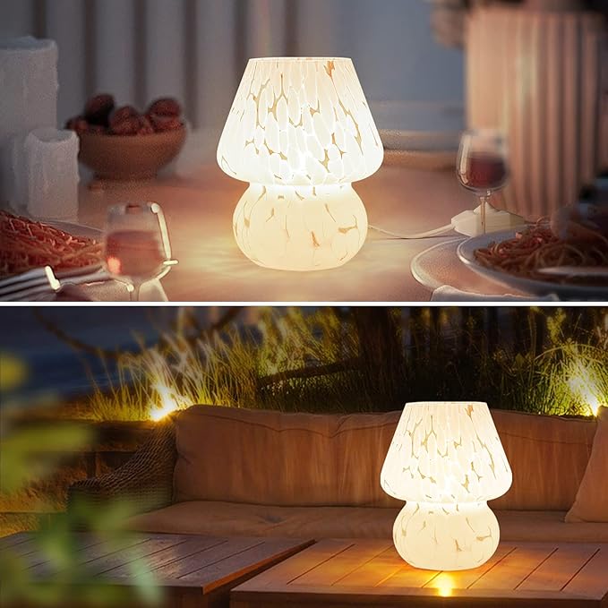 ONEWISH Mushroom Lamp Small Table Lamp-Nightstand Nightlight Dimmable Stepless, Translucent Glass White Desk Lamp for Bedroom Dorm Living Kitchen, Murano Style Aesthetic Cute Home Decor