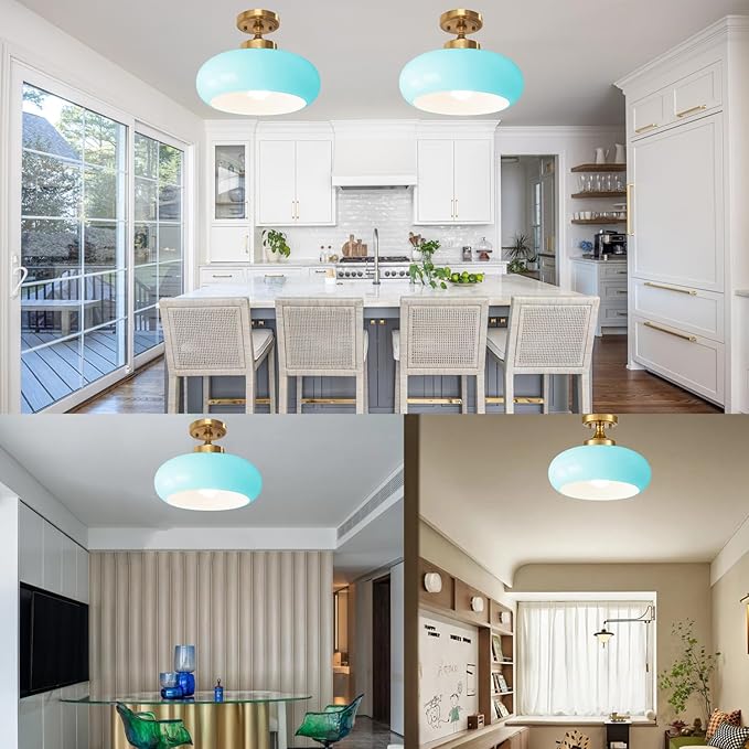 Mid Century Modern Flush Mount Ceiling Light Vinatage 11.02" Blue Glass Shade Brass Finish Ceiling Light Fixture Closet Overhead Light for Bathroom Kitchen Passway