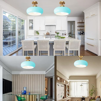 Mid Century Modern Flush Mount Ceiling Light Vinatage 11.02" Blue Glass Shade Brass Finish Ceiling Light Fixture Closet Overhead Light for Bathroom Kitchen Passway