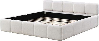 Christopher Knight Home Hazel King Size Platform Bed, Boucle Thick Headboard and Footboard, Upholstery Grounded Beds, Block Style, Wood Slats Panel Support, No Spring Box Needed, Easy Assembly, White