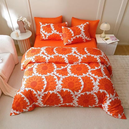 CLOTHKNOW Sunflower Queen Comforter Set 3Pcs Rust White Floral Bedding Comforter Sets Flower Comforter Botanical Boho Queen Comforter with 2 x Pillowcases