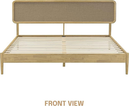 NTC Lupin Wooden Bed Frame with Headboard, Solid Oak and Rubber Wood Foundation with Silent Slats and Wood Central Supports, 1000 Lb Capacity, King - Sand