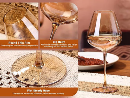 Physkoa Amber Brown Wine Glasses Set of 6-18oz Long Stemmed Dark Amber Wine Glass,Hand Blown Fall Wine Glasses