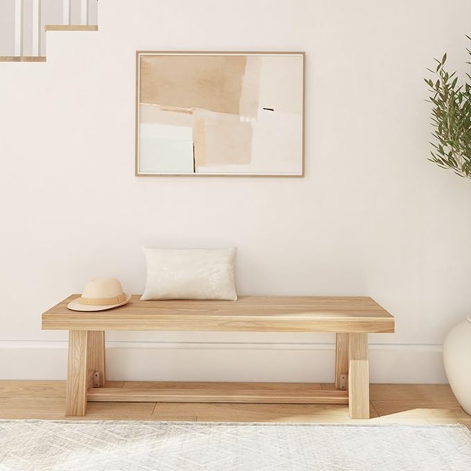 Plank+Beam 60 Inch Farmhouse Dining Bench, Solid Wood Entryway Bench, Wooden Outdoor Bench, Kitchen Dining Seat, Dining Room, Home Office, Living Room Furniture, Easy Assembly, Blonde Wirebrush
