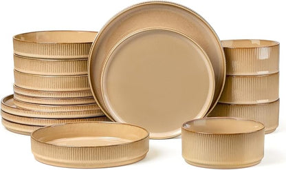 LIANYU 16 Piece Dinnerware Sets with Double Bowls, Ceramic Plates and Bowls Set for 4, Ribbed Stoneware Dishes, Microwave and Dishwasher Safe, Dune Khaki