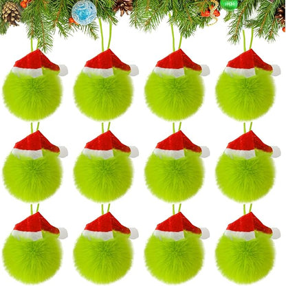 12 Pack Lime Green Furry Christmas Ball Ornaments with Santa Hat, 2.36 Inches Soft Fluffy-Pom-Pom Xmas Tree Hanging Decor for Holiday Home Party Fireplace Wall Decoration(Santa Hat)