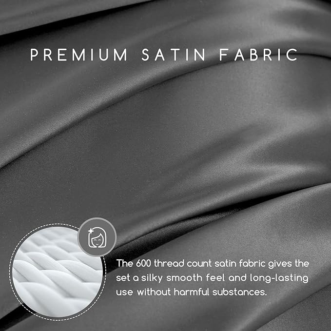 MR&HM Satin Bed Sheets, Full Size Sheets Set, 6 Pcs Silky Bedding Set with 15 Inches Deep Pocket for Mattress (Full, Dark Grey)