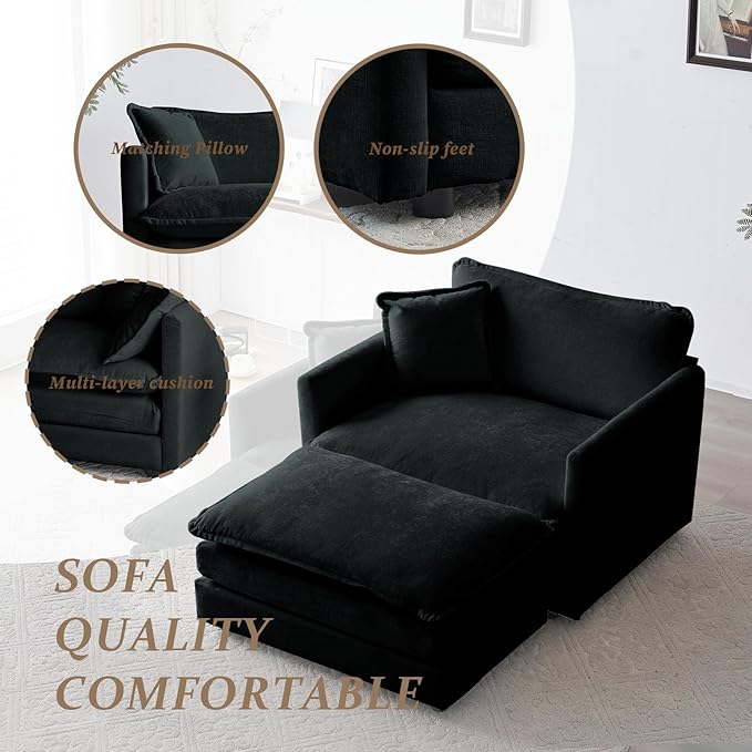 SoarFlash Chenille Sectional Sofa, Comfy Modular Single Sofa with Ottoman, Modern Recliner Deep Seat Sofa Set for Living Room,Black