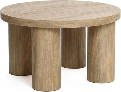 LuxenHome Round Coffee Table with 4 Pillar Legs, 27.5'' Wide Accent Center Table, Modern Farmhouse Oak Finish Wooden Low Cocktail Tea End Table with Sturdy Base for Living Room Home Office