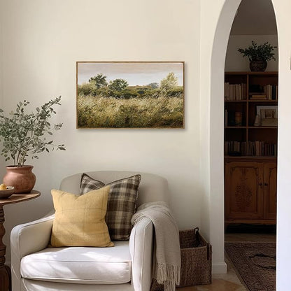 KBKBART Framed Canvas Wall Art, Vintage Meadow Landscape Wall Art Prints, Retro Country Wildflower Field Farmhouse Wall Decor Ready To Hang for Bedroom, Bathroom, Living Room, Kitchen, Vintage Room
