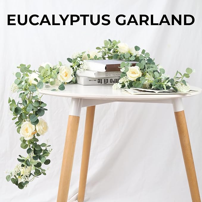 Der Rose 4 Pcs 13Ft Artificial Eucalyptus Flower Garland with Fake Silk Rose Flower Vine Seeded Eucalyptus Leaves Greenery Garland for Wedding Arch Table Wall Backdrop Party Room Decor (Champagne)