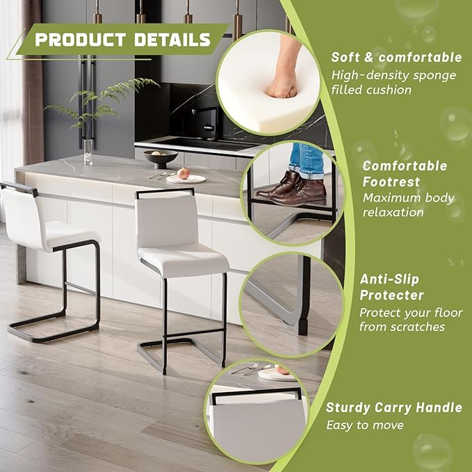 Bar Stools Set of 6,25" Counter Height Bar Stools with Footrest,White Faux Leather Kitchen Stools with Black Painted Metal Leg,White Barstools Ideal for Island Pub Kitchen Counter Dining Chair