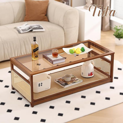 Tiita Coffee Tables for Living Room，Mid Century Modern Storage 2-Tier Coffee Tables，Rattan Glass RectangleTables，Suitable for Living Room Apartment, Large, Brown