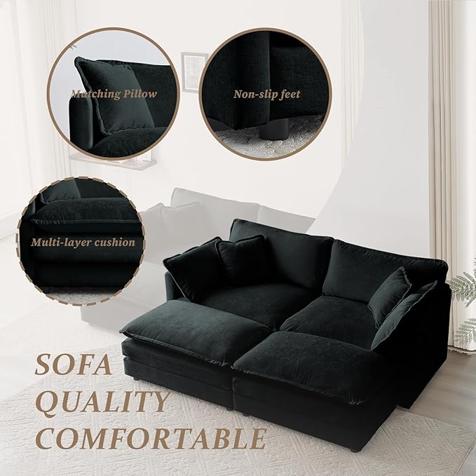 SoarFlash Chenille Sectional Sofa, Comfy Modular Coush Sofa with Ottoman, Modern 2 Seat Recliner Deep Seat Sofa Set for Living Room,Black