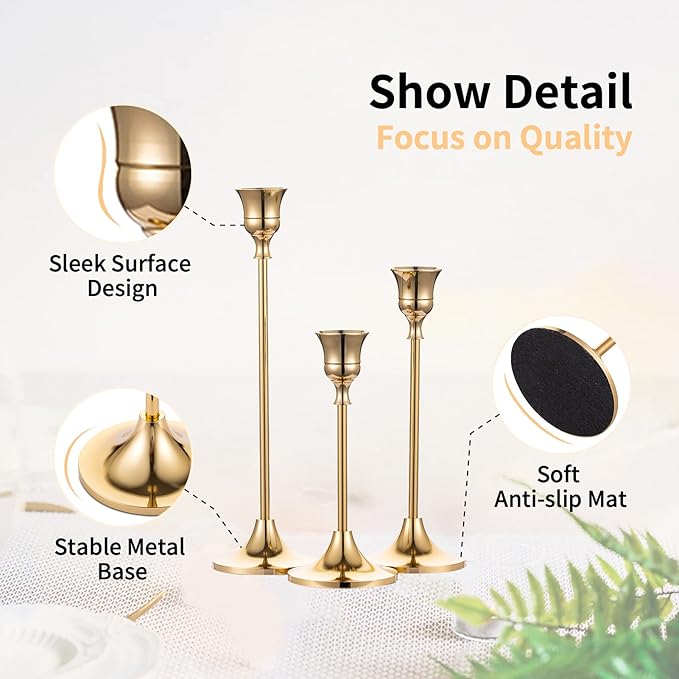 2 Sets(6 Pcs) Brass Gold Metal Taper Candle Holders Candlestick Holders, Vintage Modern Decorative Centerpiece Candlestick Holders for Table Mantel Wedding Housewarming Gift
