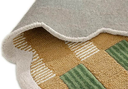 Hand-Tufted Wool Area Rug with Scalloped Edges, Beige and Green Plaid Pattern, Cozy and Soft Accent Rug for Living Room, Bedroom, and Nursery, Handmade Decorative Rug, 5x8 Ft