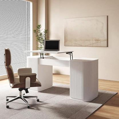 homary Modern 59.8" Standing Desk with Lift-Top & Ample Storage, Fluted Engineered Wood Home Office Desk with 2 Doors, White