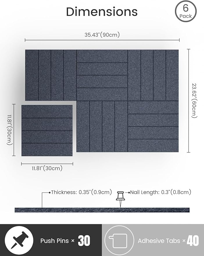 Bumusty Large Cork Board Alternative-36 x24 Felt Bulletin Board Tiles, with 30 Pushpins, 40 Adhesive Tabs, 6-Pack Slat Wall Paneling, Cork Boards for Office Push Pin Felt Board-Deep Charcoal Blue