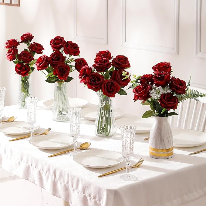 Nubry 100pcs Artificial Silk Roses Bulk,Fake Roses Flower with Stems Realistic Flowers for Wedding Centerpiece Home Party Decor(Burgundy)