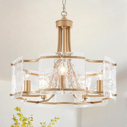 5-Light Gold Glass Chandelier for Dining Room, Modern Textured Glass Light Fixture Gold Chandeliers, Drum Round Chandelier for Kitchen Island Living Room Foyer Bedroom, E12