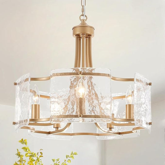5-Light Gold Glass Chandelier for Dining Room, Modern Textured Glass Light Fixture Gold Chandeliers, Drum Round Chandelier for Kitchen Island Living Room Foyer Bedroom, E12