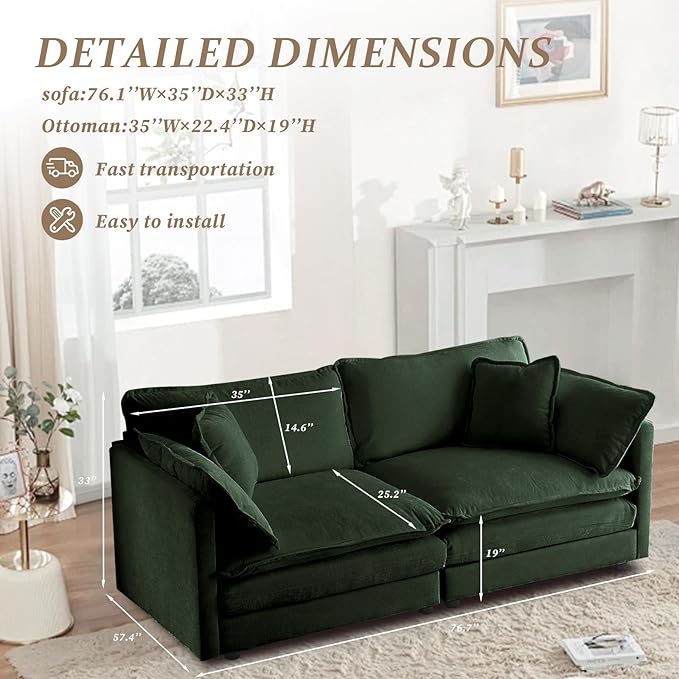 SoarFlash Chenille Sectional Sofa, Comfy Modular Loveseat Sofa, Modern 2-Seat Couch Deep Seat Sofa Set for Living Room,Green