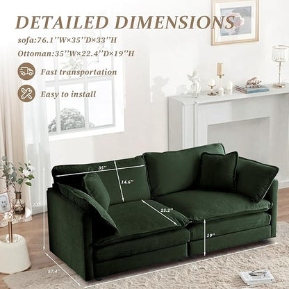 SoarFlash Chenille Sectional Sofa, Comfy Modular Loveseat Sofa, Modern 2-Seat Couch Deep Seat Sofa Set for Living Room,Green
