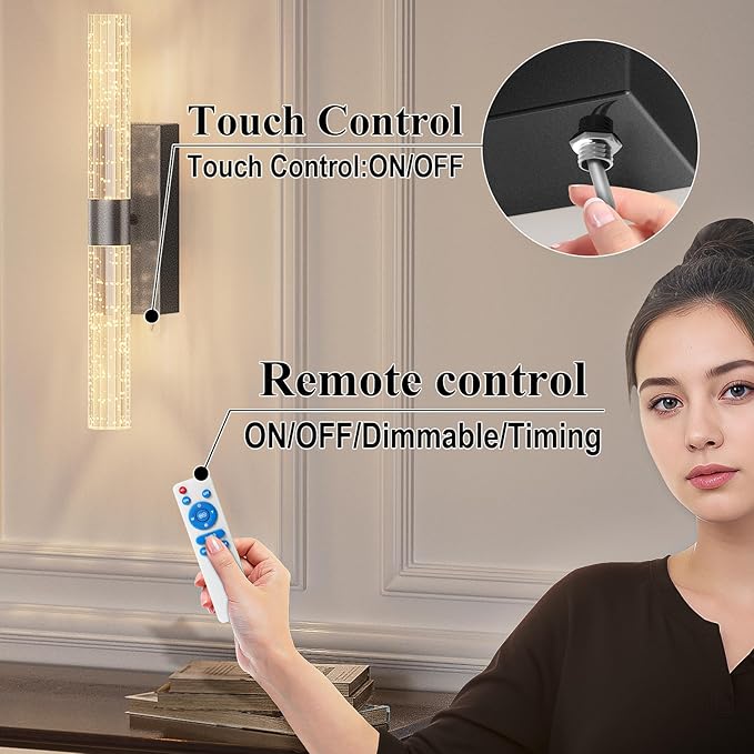 camuucci Battery Operated Black Wall Sconces Set of 2 Rechargeable Battery Powered Wall Light with 12000mAh Indoor Not Hardwired Dimmable Wall Lamp Fixtures for Bedroom Living Room 20.9 Inches