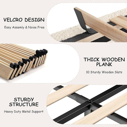 Full Size Boucle Bed Frame, Cloud Upholstered Platform Bed with Height Adjustable Headboard & Soft Rounded Corners, No Box Spring Needed, Noise Free, Easy Assembly, Beige