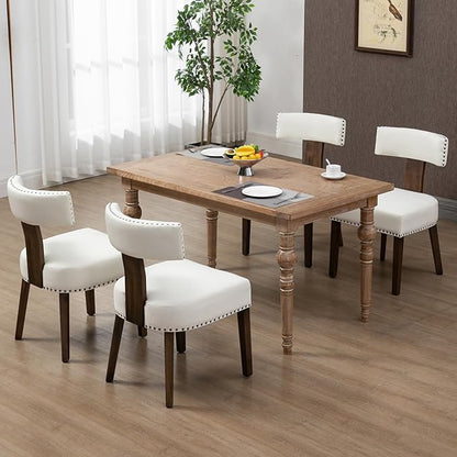 Upholstered Wooden Farmhouse Dining Chairs Set of 4, Mid-Century Modern Fabric Dining Room Chairs with Wood Legs, Curved Backrest Kitchen Armless for Living Room, Beige
