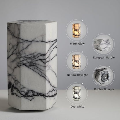 Handcrafted Real Marble Table Lamp, Stone Lamp with Tri-Color Dimmable LED, Bedside Lamp, Small Table Lamp for Home Decor, Table Lamp for Bedroom Living Room, Hexagon