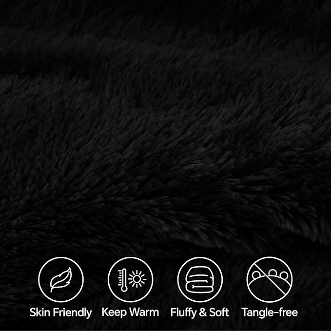 BEDELITE Black Fluffy Comforter Set King Size, Fuzzy Faux Fur Comforter Bedding Set, 3Pieces Soft Warm Shaggy Bed Set (1 Comforter & 2 Pillowcases) as Gifts for Women