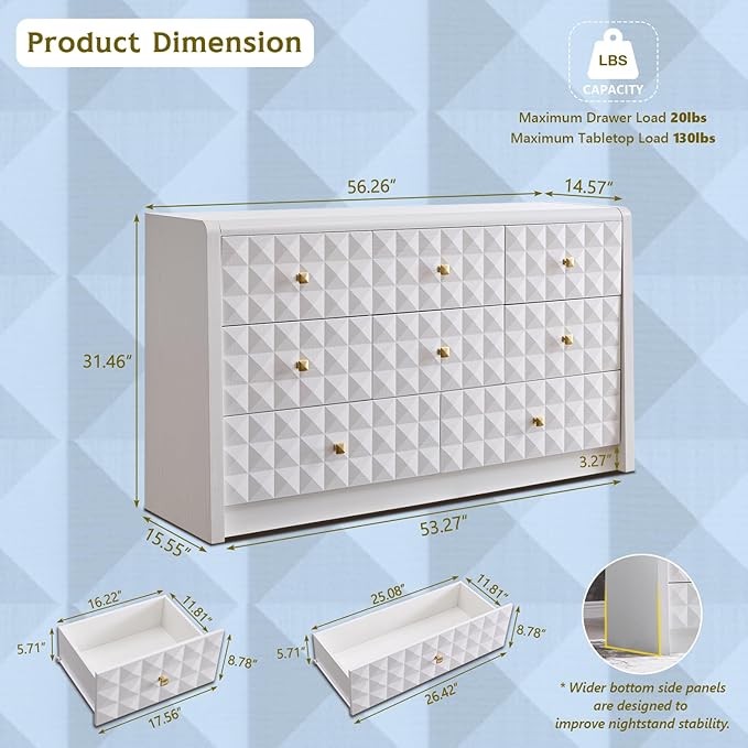Modern 8 Drawer Dresser for Bedroom, Wooden Large Dressers &Chests of Drawers w/Two Different Drawer Sizes, Mid Century Modern Dresser w/Diamond Panel Decorate for Bedroom, Curved Profile Design,White