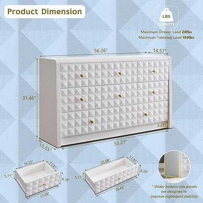 Modern 8 Drawer Dresser for Bedroom, Wooden Large Dressers &Chests of Drawers w/Two Different Drawer Sizes, Mid Century Modern Dresser w/Diamond Panel Decorate for Bedroom, Curved Profile Design,White