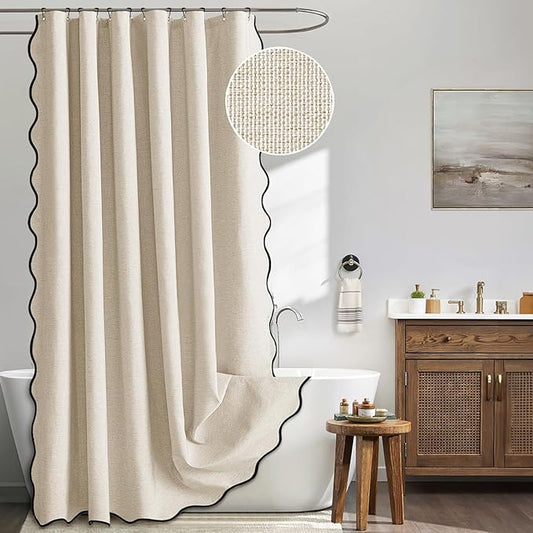 MIULEE 90" Long Scalloped Shower Curtain Linen Textured with 12 Metal Hooks Cute Extra Long Heavy Duty Washable Waterproof Cloth Shower Curtains with Black Border for Bathroom Hotel Bathtub,Beige