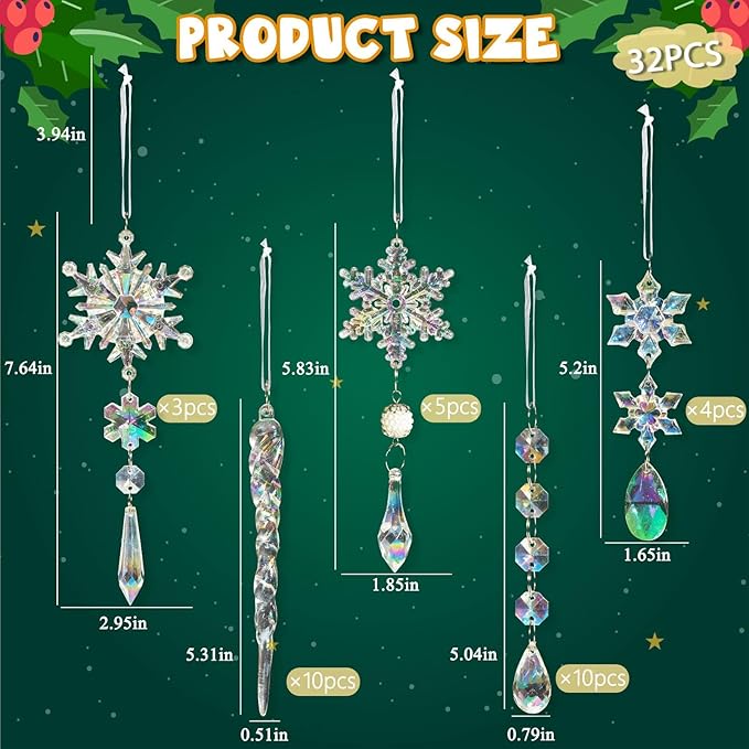 32pcs Christmas Decoration Crystal Ornaments - Iridescent Christmas Tree Ornaments Acrylic Snowflakes Drop Icicle Pendants Hanging Ornaments for Xmas Tree Winter Holiday Frozen Party Decorations