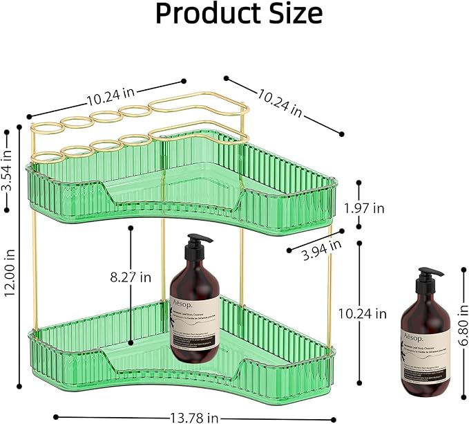 2 Tier Corner Bathroom Organizer Countertop, Vanity Makeup Organizer with Brush Holder, Space-Saving Skincare Storage Corner Shelf for Bathroom, Kitchen