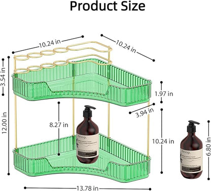 2 Tier Corner Bathroom Organizer Countertop, Vanity Makeup Organizer with Brush Holder, Space-Saving Skincare Storage Corner Shelf for Bathroom, Kitchen