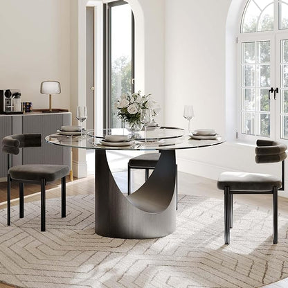 POVISON 51" Modern Round Dining Table for 4, Glass Tabletop Dining Table with Grey Carbon Steel Pedestal, Modern Dining Room Table for Kitchen, Living Room (Table Only)