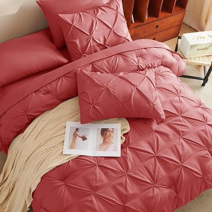 CozyLux Full Size Comforter Sets Coral, 7 Pieces Pintuck Bed in A Bag Coral Comforter Full Size, Pinch Pleat Bedding Sets with All Season Comforter, Flat Sheet, Fitted Sheet, Pillowcases & Shams