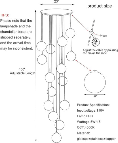 15-Light LED Staircase Chandelier Crystal Ceiling Lights Large Chandeliers for High Ceilings, Entryway Modern Lighting Fixture Villas and Stairs, Adjustable Length 23" W x100 H,75W